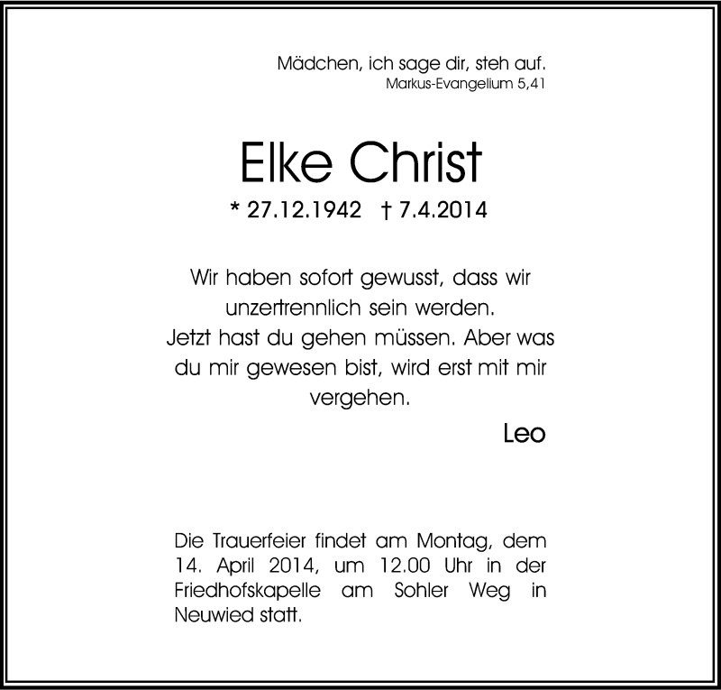  Traueranzeige für Elke Christ vom 12.04.2014 aus Kölner Stadt-Anzeiger / Kölnische Rundschau / Express