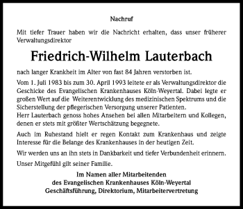 Anzeige von Friedrich-Wilhelm Lauterbach von Kölner Stadt-Anzeiger / Kölnische Rundschau / Express