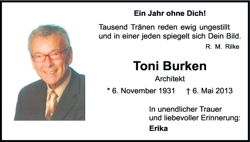  Traueranzeige für Toni Burken vom 10.05.2014 aus Kölner Stadt-Anzeiger / Kölnische Rundschau / Express