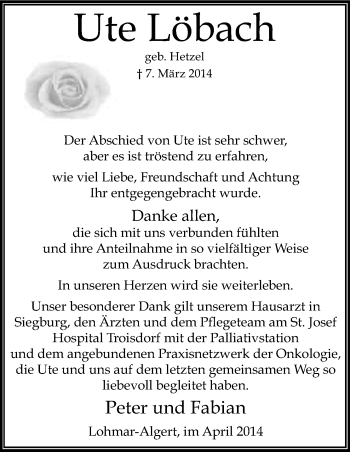 Anzeige von Ute Löbach von Kölner Stadt-Anzeiger / Kölnische Rundschau / Express
