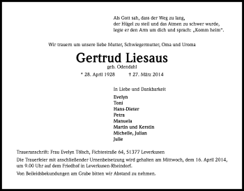 Anzeige von Gertrud Liesaus von Kölner Stadt-Anzeiger / Kölnische Rundschau / Express