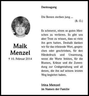 Anzeige von Maik Menzel von Kölner Stadt-Anzeiger / Kölnische Rundschau / Express