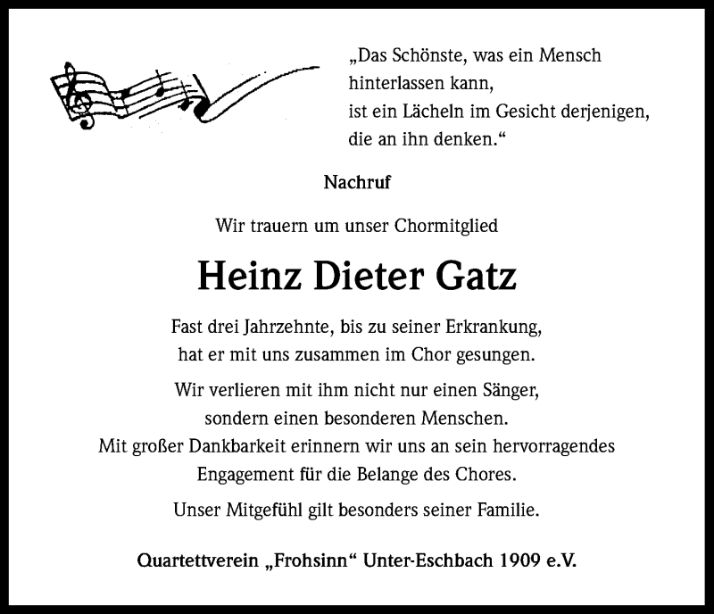  Traueranzeige für Heinz Dieter Gatz vom 12.04.2014 aus Kölner Stadt-Anzeiger / Kölnische Rundschau / Express