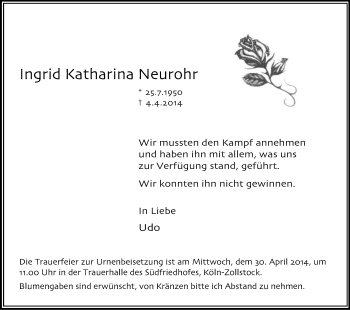 Anzeige von Ingrid Katharina Neurohr von Kölner Stadt-Anzeiger / Kölnische Rundschau / Express