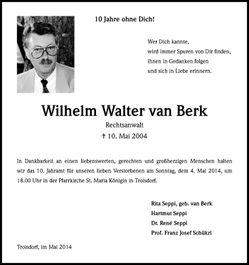 Anzeige von Wilhelm Walter van Berk von Kölner Stadt-Anzeiger / Kölnische Rundschau / Express