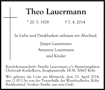 Anzeige von Theo Lauermann von Kölner Stadt-Anzeiger / Kölnische Rundschau / Express