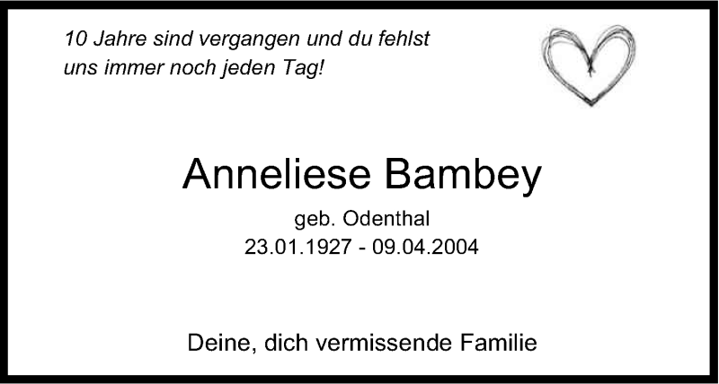 Traueranzeige für Anneliese Bambey vom 12.04.2014 aus Kölner Stadt-Anzeiger / Kölnische Rundschau / Express