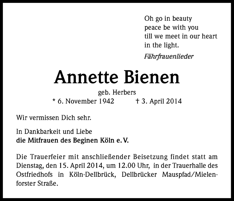  Traueranzeige für Annette Bienen vom 12.04.2014 aus Kölner Stadt-Anzeiger / Kölnische Rundschau / Express