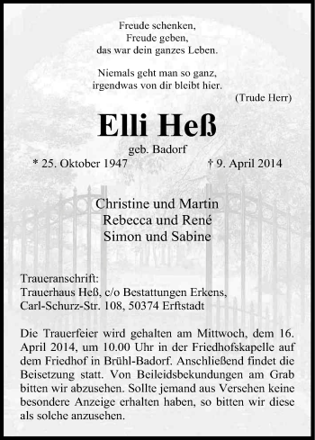 Anzeige von Elli Heß von Kölner Stadt-Anzeiger / Kölnische Rundschau / Express