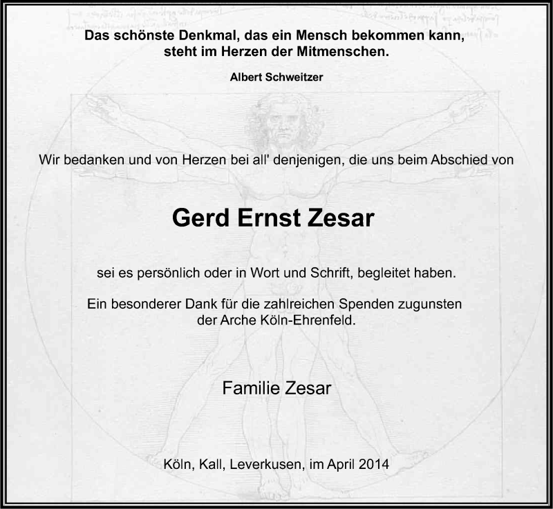 Traueranzeige für Gerd Ernst Zesar vom 12.04.2014 aus Kölner Stadt-Anzeiger / Kölnische Rundschau / Express