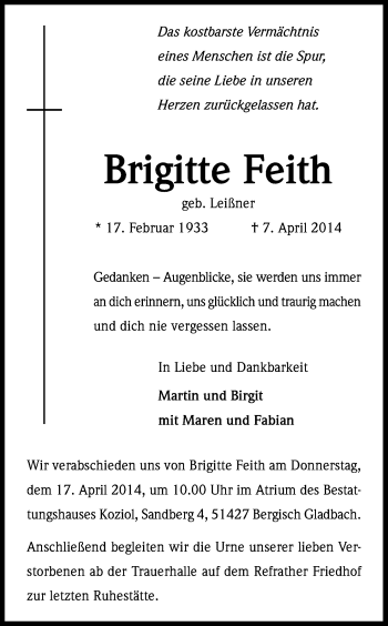 Anzeige von Brigitte Feith von Kölner Stadt-Anzeiger / Kölnische Rundschau / Express