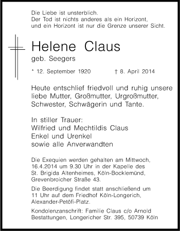 Anzeige von Helene Claus von Kölner Stadt-Anzeiger / Kölnische Rundschau / Express
