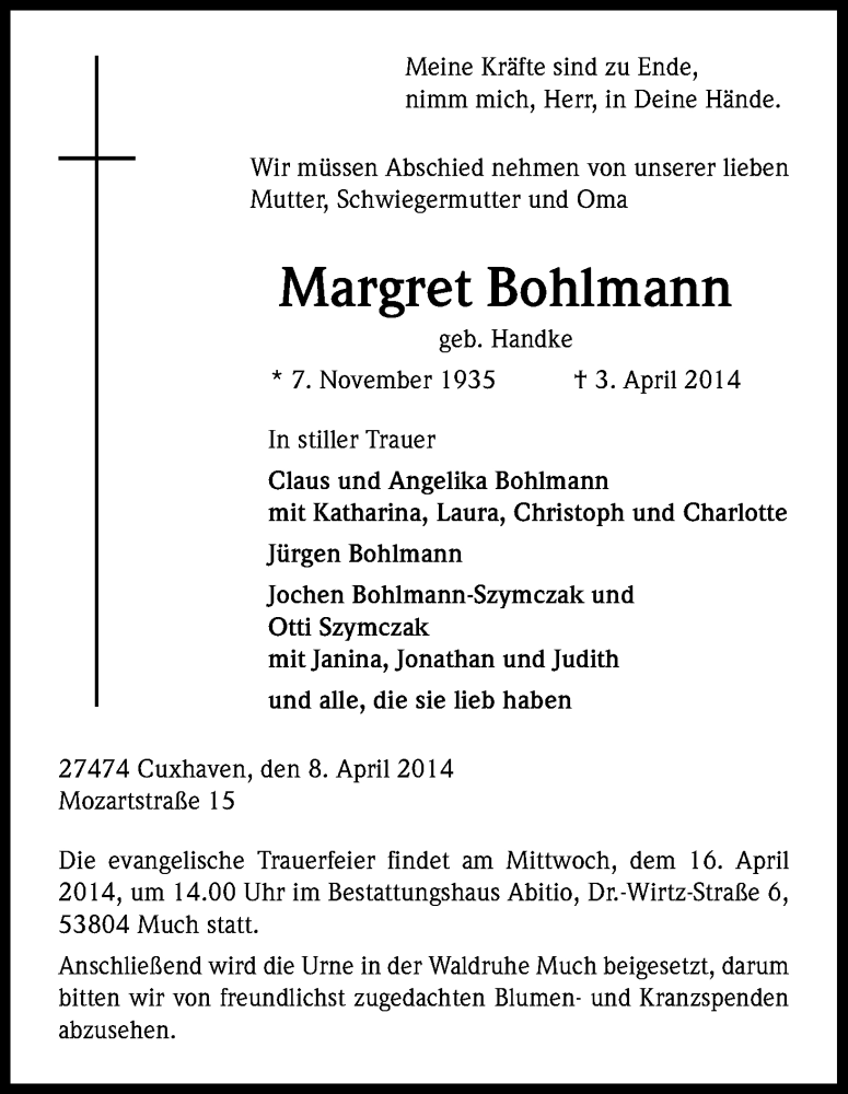  Traueranzeige für Margret Bohlmann vom 12.04.2014 aus Kölner Stadt-Anzeiger / Kölnische Rundschau / Express