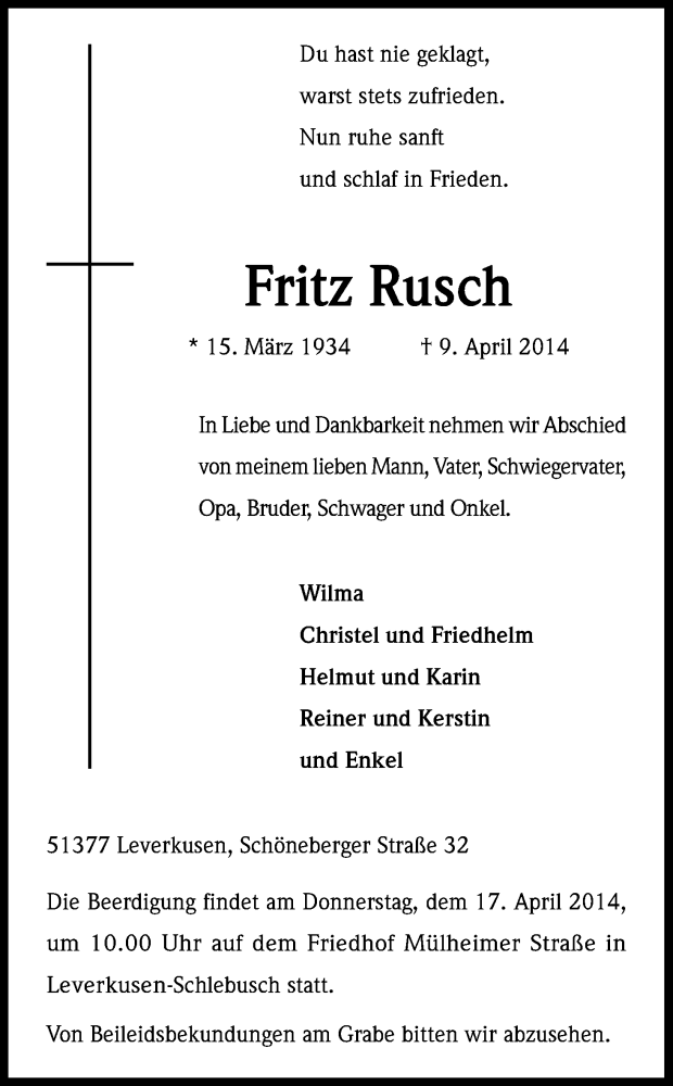  Traueranzeige für Fritz Rusch vom 12.04.2014 aus Kölner Stadt-Anzeiger / Kölnische Rundschau / Express