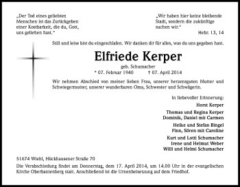 Anzeige von Elfriede Kerper von Kölner Stadt-Anzeiger / Kölnische Rundschau / Express