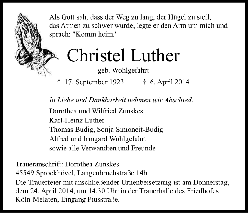 Traueranzeige für Christel Luther vom 19.04.2014 aus Kölner Stadt-Anzeiger / Kölnische Rundschau / Express