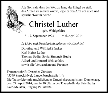 Anzeige von Christel Luther von Kölner Stadt-Anzeiger / Kölnische Rundschau / Express