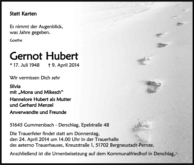  Traueranzeige für Gernot Hubert vom 19.04.2014 aus Kölner Stadt-Anzeiger / Kölnische Rundschau / Express