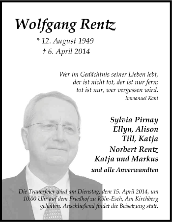 Anzeige von Wolfgang Reniz von Kölner Stadt-Anzeiger / Kölnische Rundschau / Express