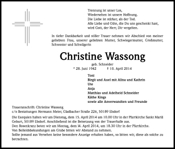 Anzeige von Christine Wassong von Kölner Stadt-Anzeiger / Kölnische Rundschau / Express