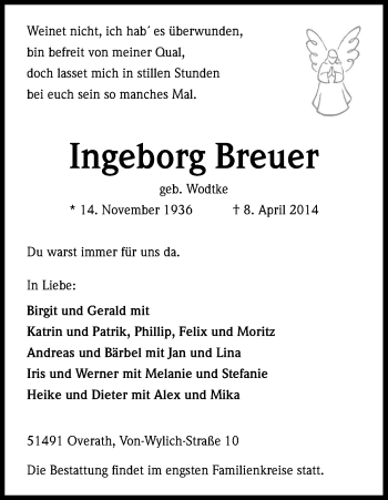 Anzeige von Ingeborg Breuer von Kölner Stadt-Anzeiger / Kölnische Rundschau / Express