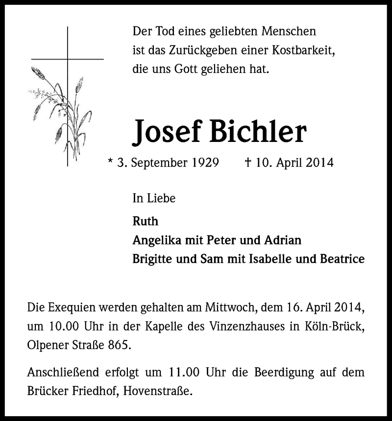  Traueranzeige für Josef Bichler vom 12.04.2014 aus Kölner Stadt-Anzeiger / Kölnische Rundschau / Express