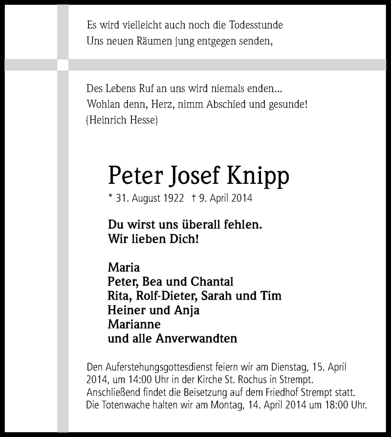 Traueranzeige für Peter Josef Knipp vom 12.04.2014 aus Kölner Stadt-Anzeiger / Kölnische Rundschau / Express