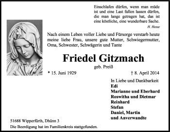 Anzeige von Friedel Gitzmach von Kölner Stadt-Anzeiger / Kölnische Rundschau / Express