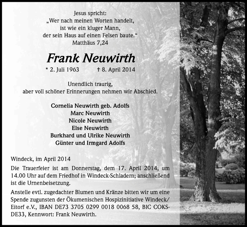  Traueranzeige für Frank Neuwirth vom 12.04.2014 aus Kölner Stadt-Anzeiger / Kölnische Rundschau / Express