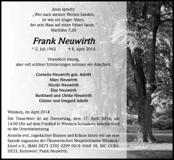 Anzeige von Frank Neuwirth von Kölner Stadt-Anzeiger / Kölnische Rundschau / Express