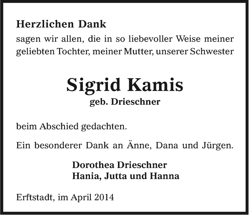  Traueranzeige für Sigrid Kamis vom 12.04.2014 aus Kölner Stadt-Anzeiger / Kölnische Rundschau / Express
