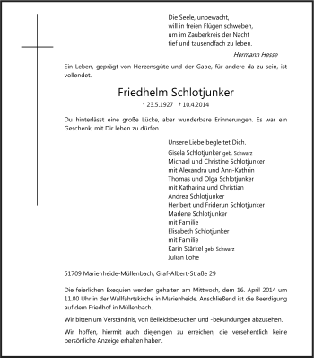 Anzeige von Friedhelm Schlotjunker von Kölner Stadt-Anzeiger / Kölnische Rundschau / Express