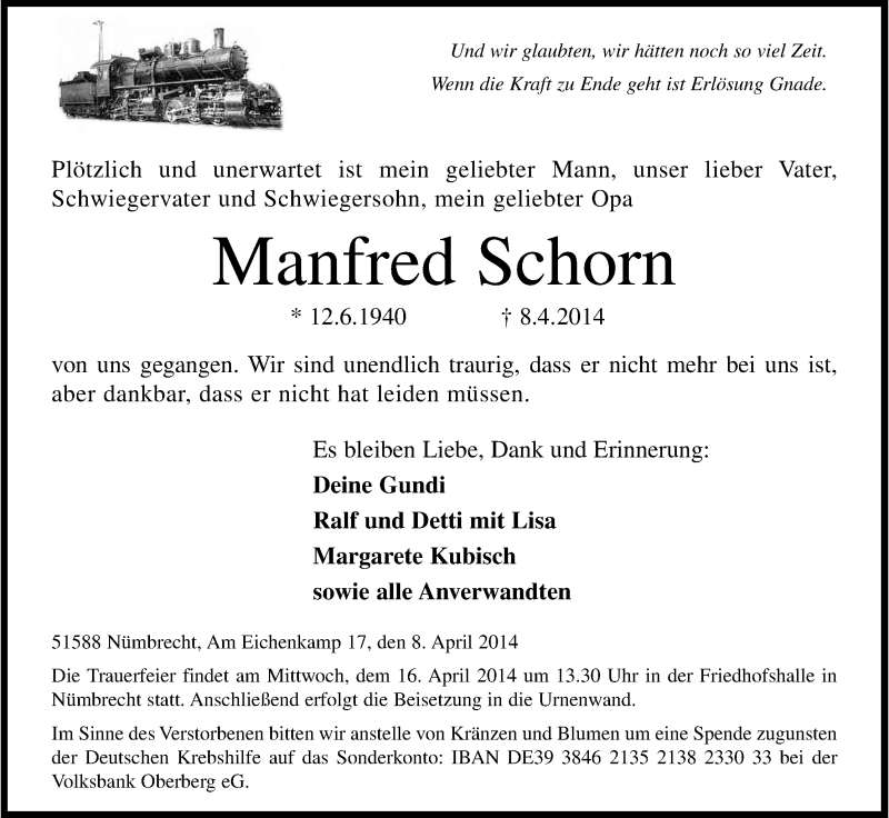  Traueranzeige für Manfred Schorn vom 12.04.2014 aus Kölner Stadt-Anzeiger / Kölnische Rundschau / Express