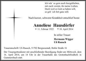 Anzeige von Anneliese Hausdörfer von Kölner Stadt-Anzeiger / Kölnische Rundschau / Express