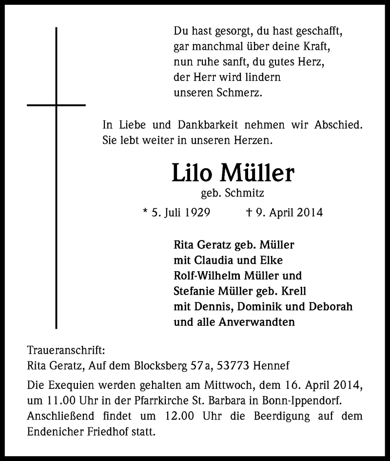  Traueranzeige für Lilo Müller vom 12.04.2014 aus Kölner Stadt-Anzeiger / Kölnische Rundschau / Express