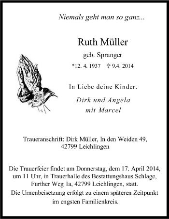 Anzeige von Ruth Müller von Kölner Stadt-Anzeiger / Kölnische Rundschau / Express