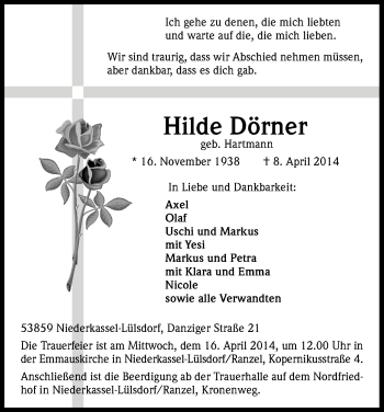 Anzeige von Hilde Dörner von Kölner Stadt-Anzeiger / Kölnische Rundschau / Express