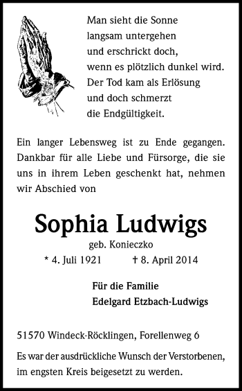 Anzeige von Sophia Ludwigs von Kölner Stadt-Anzeiger / Kölnische Rundschau / Express
