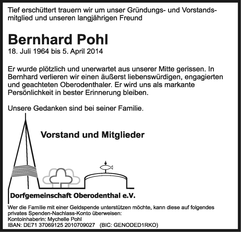  Traueranzeige für Bernhard Pohl vom 14.04.2014 aus Kölner Stadt-Anzeiger / Kölnische Rundschau / Express