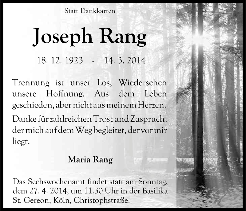  Traueranzeige für Rang Joseph vom 23.04.2014 aus Kölner Stadt-Anzeiger / Kölnische Rundschau / Express