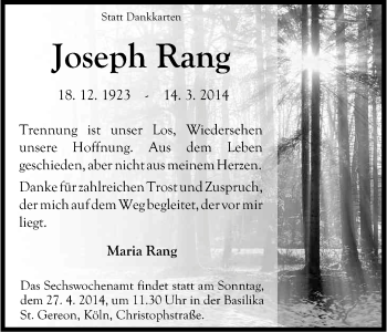 Anzeige von Rang Joseph von Kölner Stadt-Anzeiger / Kölnische Rundschau / Express