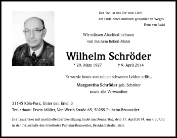 Anzeige von Wilhelm Schröder von Kölner Stadt-Anzeiger / Kölnische Rundschau / Express
