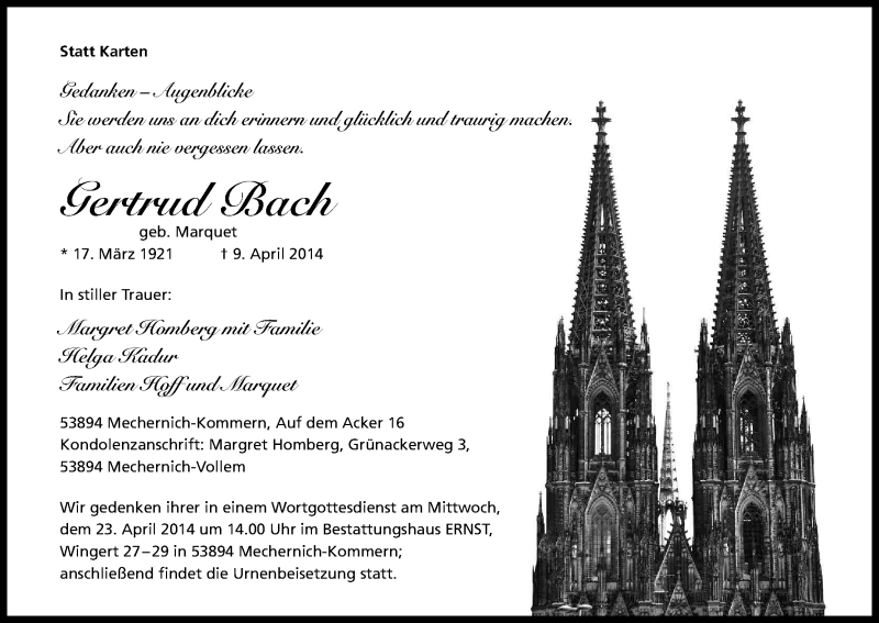  Traueranzeige für Gertrud Bach vom 19.04.2014 aus Kölner Stadt-Anzeiger / Kölnische Rundschau / Express