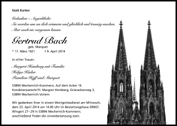 Anzeige von Gertrud Bach von Kölner Stadt-Anzeiger / Kölnische Rundschau / Express