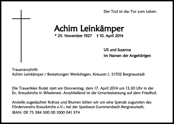 Anzeige von Achim Leinkämper von Kölner Stadt-Anzeiger / Kölnische Rundschau / Express