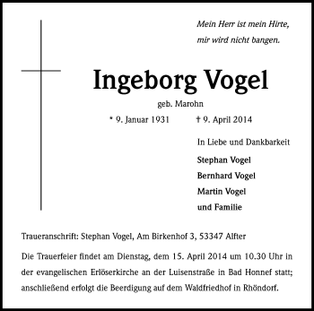 Anzeige von Ingeborg Vogel von Kölner Stadt-Anzeiger / Kölnische Rundschau / Express