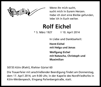 Anzeige von Rolf Eichel von Kölner Stadt-Anzeiger / Kölnische Rundschau / Express