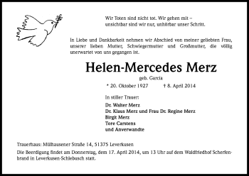 Anzeige von Helen-Mercedes Merz von Kölner Stadt-Anzeiger / Kölnische Rundschau / Express