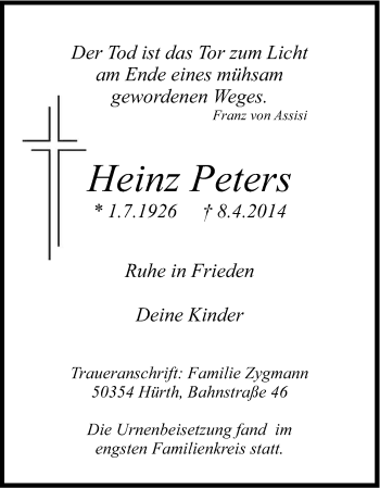 Anzeige von Heinz Peters von Kölner Stadt-Anzeiger / Kölnische Rundschau / Express