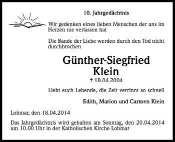 Anzeige von Günther-Siegfried Klein von Kölner Stadt-Anzeiger / Kölnische Rundschau / Express